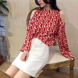 Print Open Shoulder Long-sleeve Chiffon Top / Plain Mini Skirt