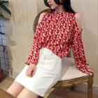Print Open Shoulder Long-sleeve Chiffon Top / Plain Mini Skirt