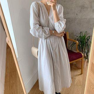 Pinstriped 3/4-sleeve Midi A-line Dress As Shown In Figure - One Size