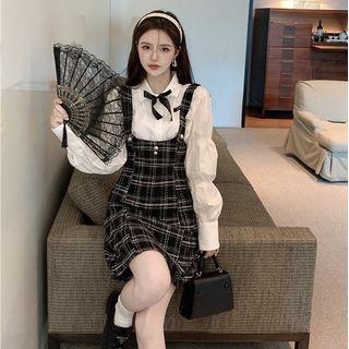 Bow Tie-front Crop Shirt / Plaid Mini A-line Overall Dress