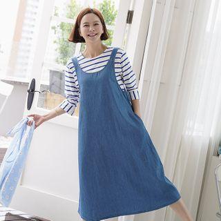 Flared Denim Midi Pinafore Dress
