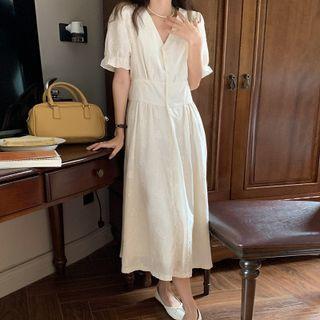 Puff-sleeve Floral Embroidered Midi A-line Dress Almond - One Size