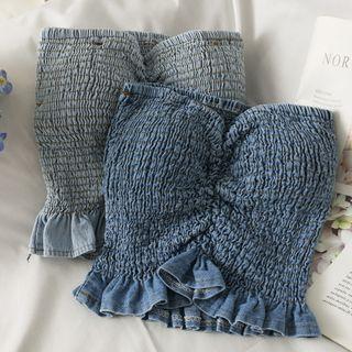 Ruffled-hem Denim Smocked Tube Top
