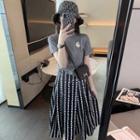 Set: Short Sleeve Plain T-shirt + Dotted Stripe A-line Skirt