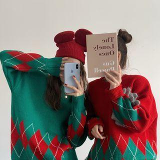 Round-neck Color-block Argyle Knit Sweater