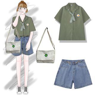 Tie Neck Short-sleeve Shirt / Denim Shorts / Crossbody Bag