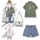 Tie Neck Short-sleeve Shirt / Denim Shorts / Crossbody Bag