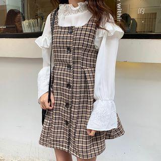Bell-sleeve Ruffle Blouse / Plaid Jumper Dress