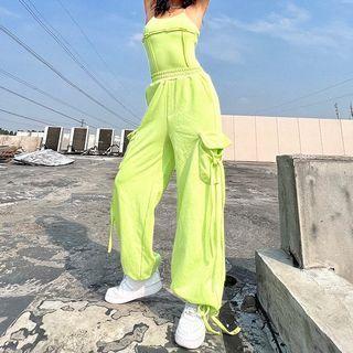 Set: Plain Camisole Top + High Waist Wide Leg Cargo Pants