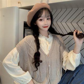 Plain Button Knit Vest / Ruffle-collar Blouse