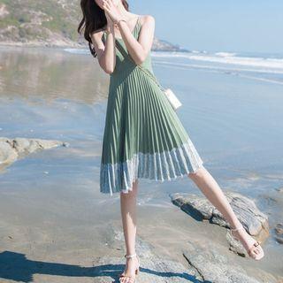 Spaghetti Strap Midi A-line Pleated Dress
