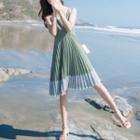 Spaghetti Strap Midi A-line Pleated Dress