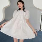 Puff-sleeve Plain Lattice Back Bow Dress