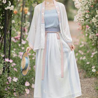 Set: Traditional Chinese Mesh Cover-up + Camisole Top + Midi Skirt