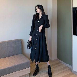 Long-sleeve Collared Button-up Midi A-line Dress