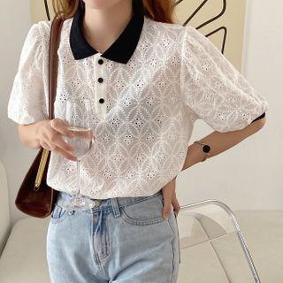 Color Block Eyelet Lace Polo Shirt White - One Size