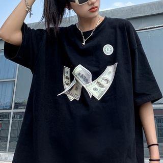 Elbow-sleeve Money Print T-shirt