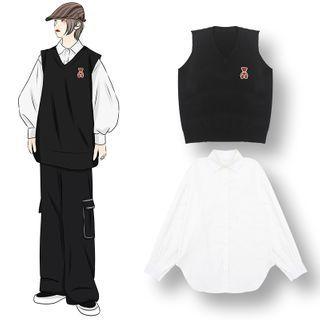 Puff-sleeve Shirt / Bear Embroidered Knit Vest