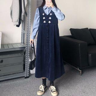 Flower Embroidered Midi Overall Dress / Long-sleeve Plain Shirt