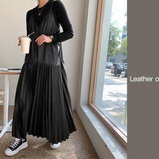 Pleated Pleather Maxi Buster Dress Black - One Size