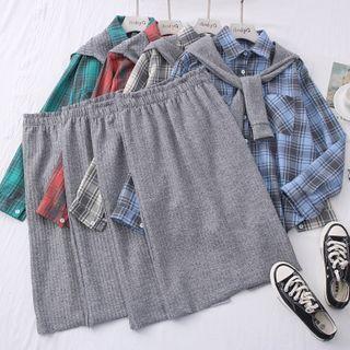 Set: Plaid Shirt + Elastic High-waist Midi Skirt + Lettering Shawl