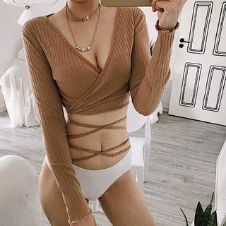 Long-sleeve Crisscross-strap Crop Ribbed Top