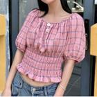 Plaid Puff-sleeve Ruched Cropped Blouse