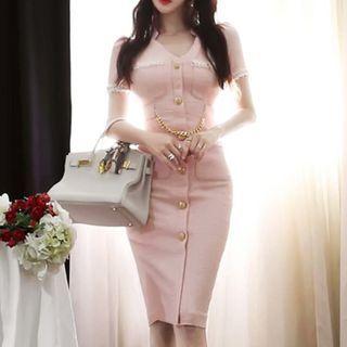 Short-sleeve Button Sheath Dress