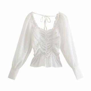 Square-neck Ruffle Trim Shirred Cropped Blouse