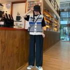 Short-sleeve Plain T-shirt / Patterned Knit Vest / Straight-cut Pants