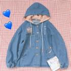 Embroidered Hooded Denim Jacket Blue - One Size