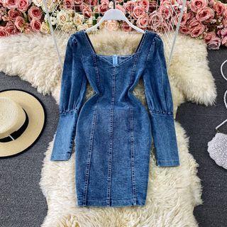 V Neck Long Sleeve Open Back Skinny Denim Dress