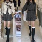 Fluffy Jacket / Long-sleeve Floral Dress / Belt