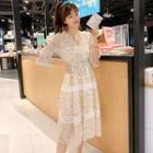 Flower Print Elbow-sleeve Midi A-line Dress As Shown In Figure - One Size