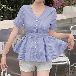 Short-sleeve Striped Frill Trim Buttoned Top