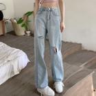High-waist Distressed Straight Leg Jeans (various Designs)