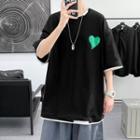 Mock Two-piece Elbow-sleeve Heart Applique T-shirt