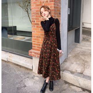 Long-sleeve Mock-neck Top / Spaghetti Strap Floral Print Corduroy Midi A-line Dress