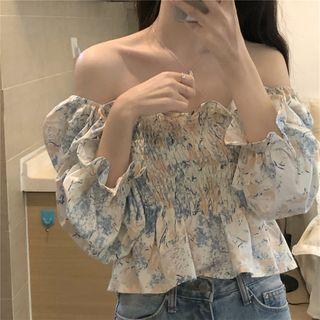 Bell-sleeve Off-shoulder Print Shirred Blouse As Shown In Figure - One Size