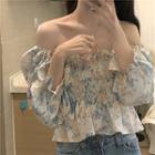 Bell-sleeve Off-shoulder Print Shirred Blouse As Shown In Figure - One Size