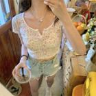 Short-sleeve Floral Crop Knit Top Pink Floral - White - One Size
