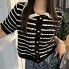 Short-sleeve Striped Pointelle Polo Knit Top Black & White - One Size