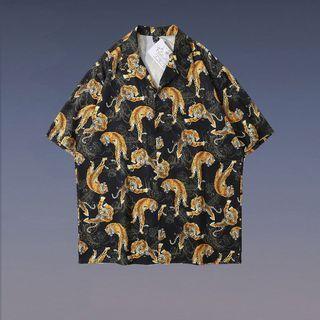 Elbow-sleeve Tiger Print Hawaiian Shirt