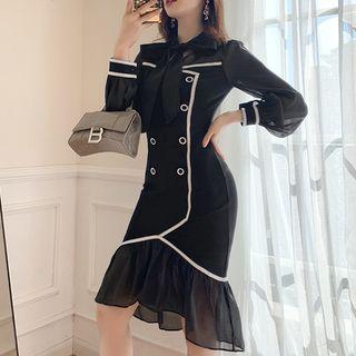 Double-breasted Mesh Panel Long-sleeve Ruffle Hem Sheath Dress