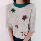 Elbow-sleeve Appliqu  Rib-knit Sweater