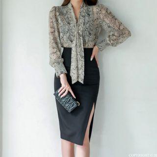 Set: Long-sleeve Snake Print Mock-tie Blouse + Slit Pencil Skirt