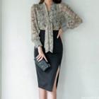 Set: Long-sleeve Snake Print Mock-tie Blouse + Slit Pencil Skirt