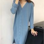 Long-sleeve V-neck Single Breasted Knit Dress