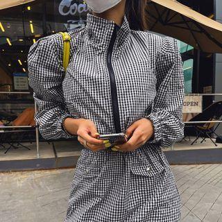Puff-sleeve Drawstring Gingham Jacket