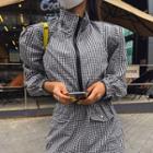Puff-sleeve Drawstring Gingham Jacket